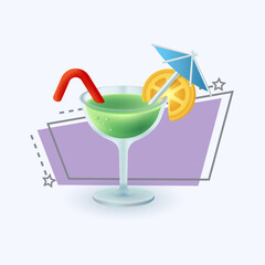3d cartoon style glass of summer alcoholic cocktail icon. Realistic refreshing beverage with straw, lemon and umbrella, mojito, fresh beach cocktail flat vector illustration. Party, bar, drink concept