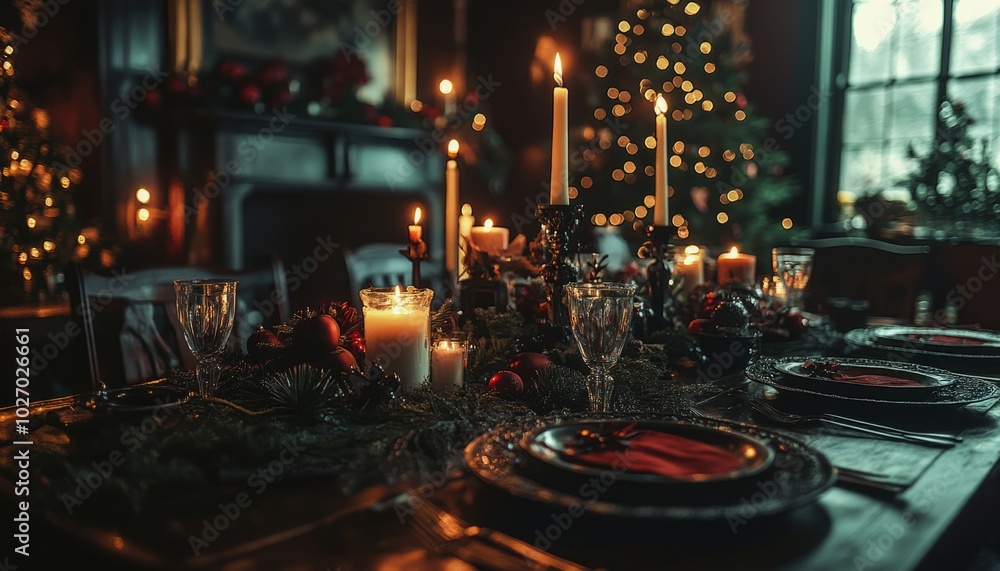 Sticker A beautifully decorated Christmas table with candles, red ornaments, and pine branches.