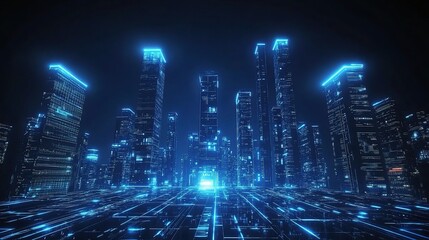 Obraz premium Futuristic Cityscape with Neon Lights and Skyscrapers