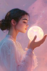 Naklejka premium Serene Woman Holding a Glowing Orb in Her Hand Surrounded by Mystical Atmosphere