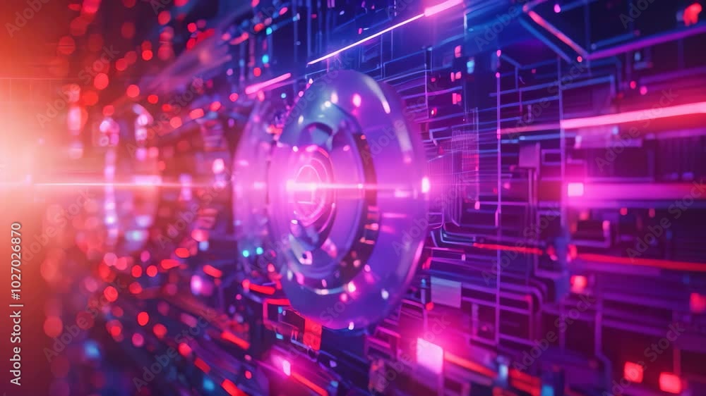 Poster a close-up of a futuristic firewall interface with glowing red and blue lights, create a futuristic 