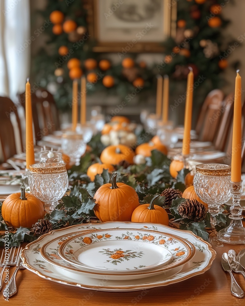 Wall mural A beautifully set Thanksgiving table with pumpkins, greenery, and candles.