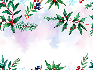 The watercolor painting depicts green holly leaves and bright red berries. along with small snowflakes Scattered on a white background Use it as a background during the Christmas season.