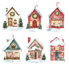 Brightly Colored Watercolor Christmas Houses Set: 6 Distinct American Homes with Unique Designs, Adorned with Lights, Wreaths, and Festive Decorations, Showcasing Holiday Spirit on a White Background