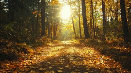 Obraz premium Tranquil Autumn Forest Trail with Golden Leaves
