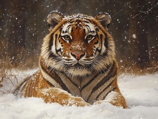 tiger with a snow-covered face, sitting majestically in a winter wonderland, contrasting its vibrant orange fur with the glistening white snow, embodying strength and beauty in nature