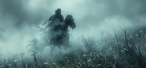 Silhouette mysterious warrior man wearing a cowboy hat is riding a horse on mountain in horrible smoke and fog in dark night. Imagination fantasy of scary tale story