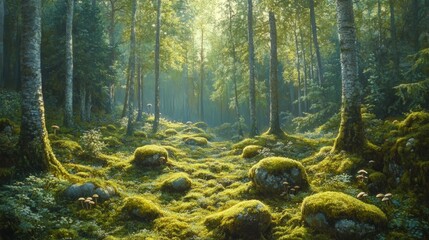 Sunlit Forest Path with Mossy Rocks and Mushrooms