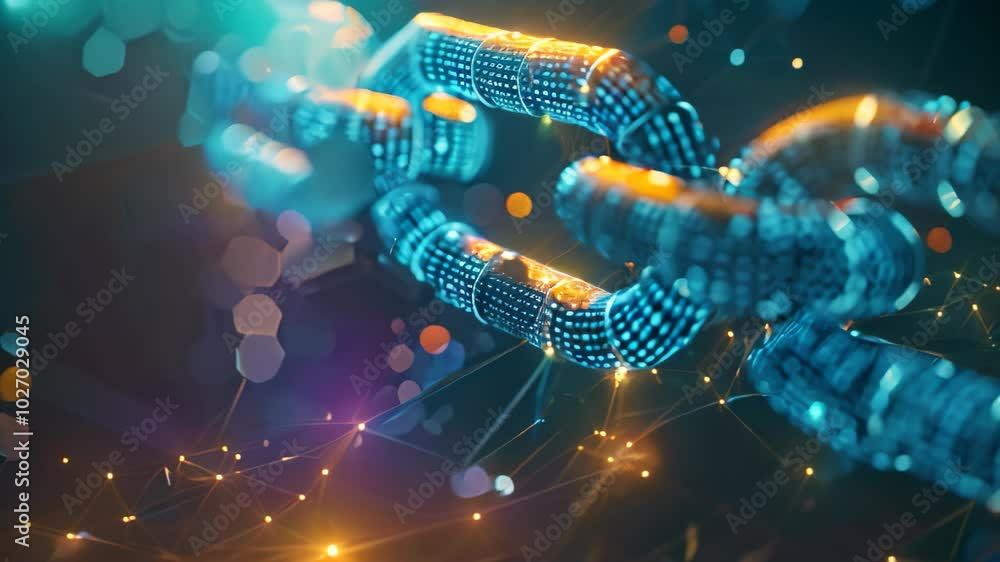 Poster a stylized depiction of blockchain technology using a chain of connected digital links against a dar