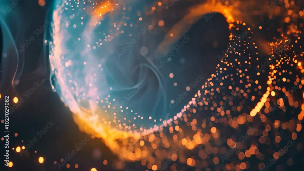 Poster abstract representation of blockchain technology, with swirling particles in blue and orange, create