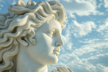 statue of young greek god with flowing hair gazing into the distance with blue sky with white clouds, apollo, zephyrus, photorealistic
