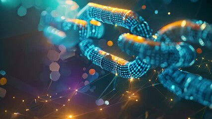 A stylized depiction of blockchain technology using a chain of connected digital links against a dark blue background, Create an abstract representation of blockchain technology in motion