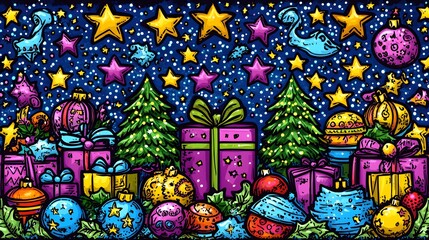 Fototapeta premium Festive seamless pattern of holiday gifts, stars, and ribbons for New Year