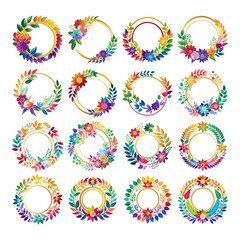 Rainbow color floral wreath with golden circle beautiful frame border Illustration vector art.