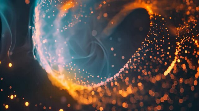 Abstract representation of blockchain technology, with swirling particles in blue and orange, Create an abstract representation of blockchain technology in motion