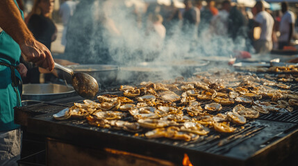 local chefs cook seafood on a large grill at the Pensacola Seafood Festival, thin smoke billows in the air, people crowd around watching and waiting for the dishes, Ai generated images