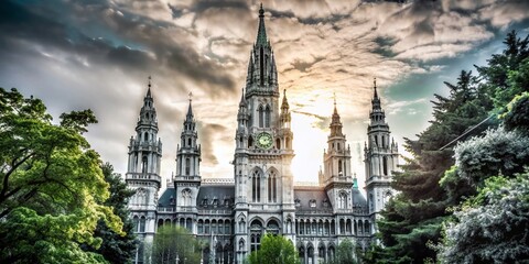 Fototapeta premium Stunning Double Exposure of Vienna City Hall Tower Surrounded by Lush Green Trees at Summer Sunset
