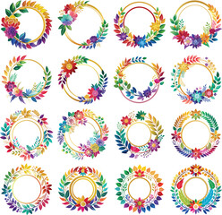 Rainbow color floral wreath with golden circle beautiful frame border Illustration vector art.