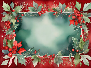 Obraz premium A festive Christmas frame featuring watercolor holly leaves, berries, and floral elements on a red background with a teal-green inner frame.