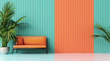 modern interior featuring terracotta sofa against vibrant turquoise and orange walls, complemented by lush green plants, creates lively and inviting atmosphere