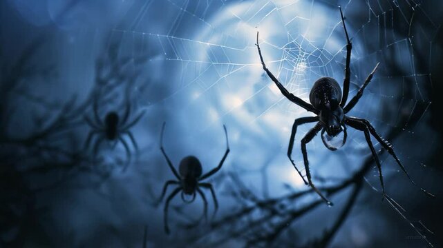 Silhouettes of spiders spinning webs under a bright moon, Creepy crawling spiders spinning webs in the moonlight