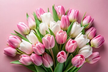 Fototapeta premium Stunning Drone Photography of Romantic Pink and White Tulip Bouquet on Soft Pink Background