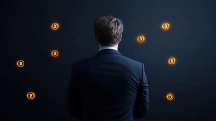 Businessman Analyzing Bitcoin Trends in Dark Environment