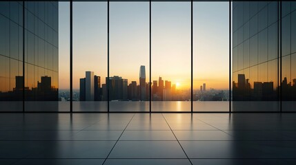 Fototapeta premium Modern Office with Sunset Background Over City Skyline