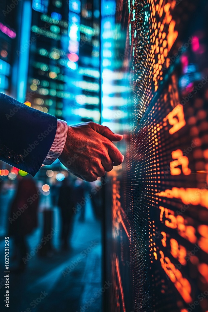 Sticker A businessman's hand reaches out to touch a digital display showing stock market data, set against a backdrop of a bustling city at night.