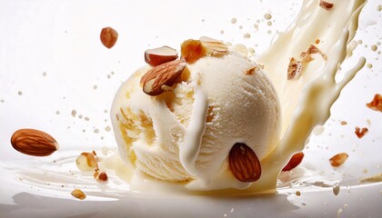 Delicious ice cream topped with milk and chocolate floating in the air, on a white background.