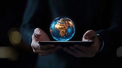 Hands Holding a Tablet with a Floating Globe Model