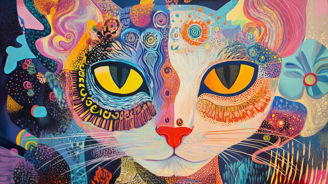 A beautiful psychedelic cosmic cat closeup with bg eyes swirling colors art illustration background felines wild galactic trippy spirit guide feline feel