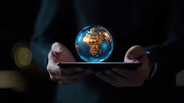 Hands Holding a Tablet with a Floating Globe Model