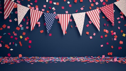 Fototapeta premium Dynamic USA election rally with confetti, decorative banners, and a navy blue backdrop, emphasizing patriotism and celebration, Election rally, Decorative background