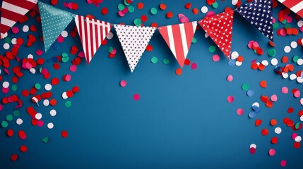 Obraz premium Dynamic USA election rally with confetti, decorative banners, and a navy blue backdrop, emphasizing patriotism and celebration, Election rally, Decorative background