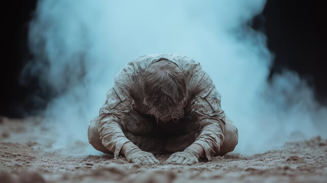Strong man on his knees facing defeat in a cloud of smoke as a soldier in the armed forces in a foreign country