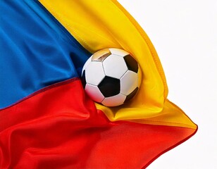 Naklejka premium a long floating yellow, blue, and red cloth, with a soccer ball