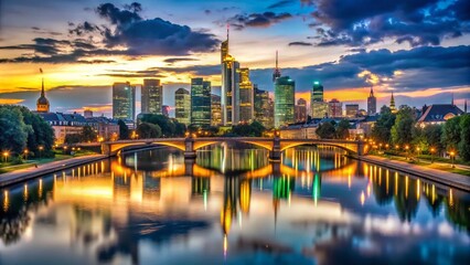 Naklejka premium Stunning Frankfurt Skyline at Night - Illuminated Cityscape Photography