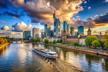Fototapeta premium Stunning Frankfurt Skyline with Cruise Boat: A Captivating Urban Landscape
