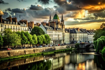 Fototapeta premium Stunning Golden Hour over Nantes Skyline and Riverside Urban Sprawl - Scenic Cityscape Photography