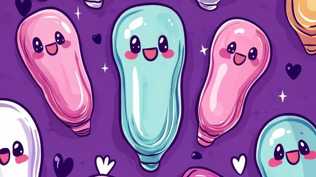 A cute illustration of colorful, smiling condoms on a purple background
