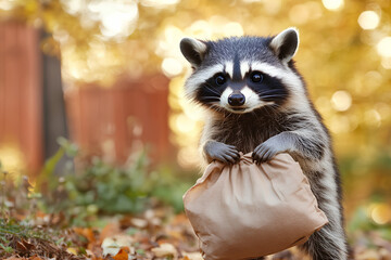  Raccoon dressed as a thief with a mask and a bag of loot, thief raccoon, mischievous Halloween animal