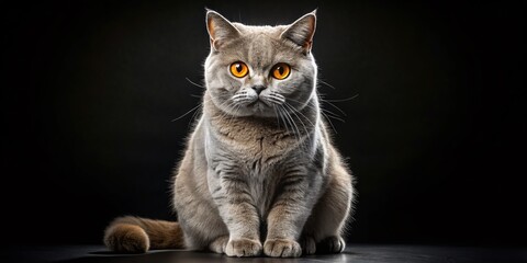 Stunning Gray British Shorthair Cat with Orange Eyes on Black Background - Captivating Pet Photography