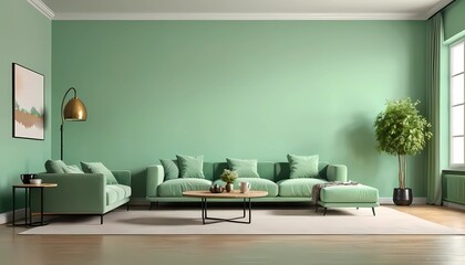 Modern living room interior with armchair and coffee table against pale green wall, empty wall space for negative space. Generate AI