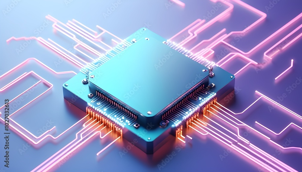 Poster glowing circuits on an ai chip in 3d style