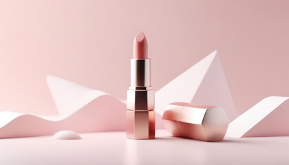 Lipstick tube elegantly placed on a soft blush background in 3D style
