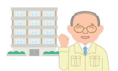 作業服を着てガッツポーズするシニア男性とマンション