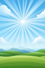 Fototapeta premium Bright sunlight radiates over green hills and a clear blue sky, creating a serene landscape ideal for nature lovers.