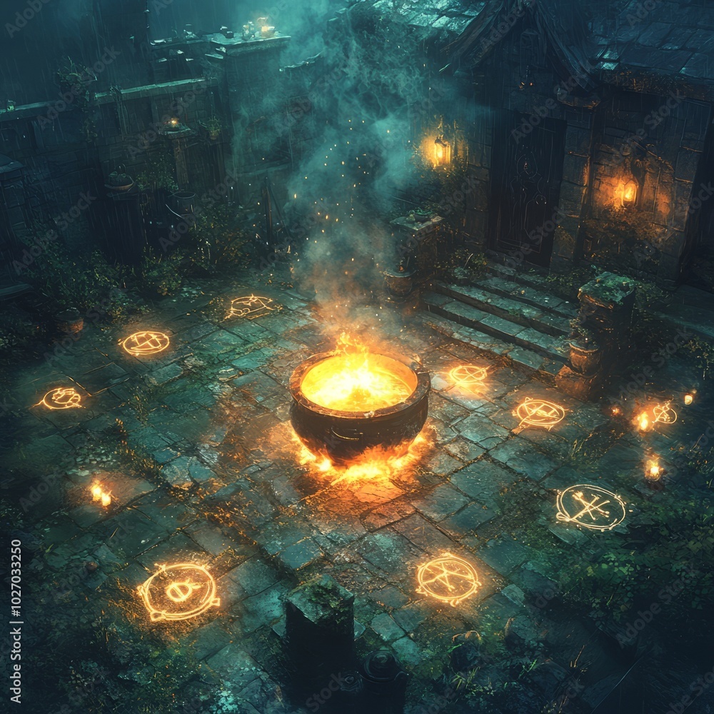 Poster A cauldron with fire burns in the center of a magical courtyard with glowing symbols.