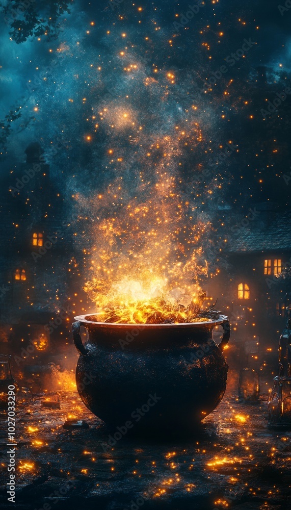 Poster A cauldron with flames and smoke in a magical setting at night.